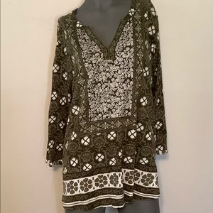 LUCKY BRAND SHIRT V-Neck Green Boho Festival Lightweight Sz 2X